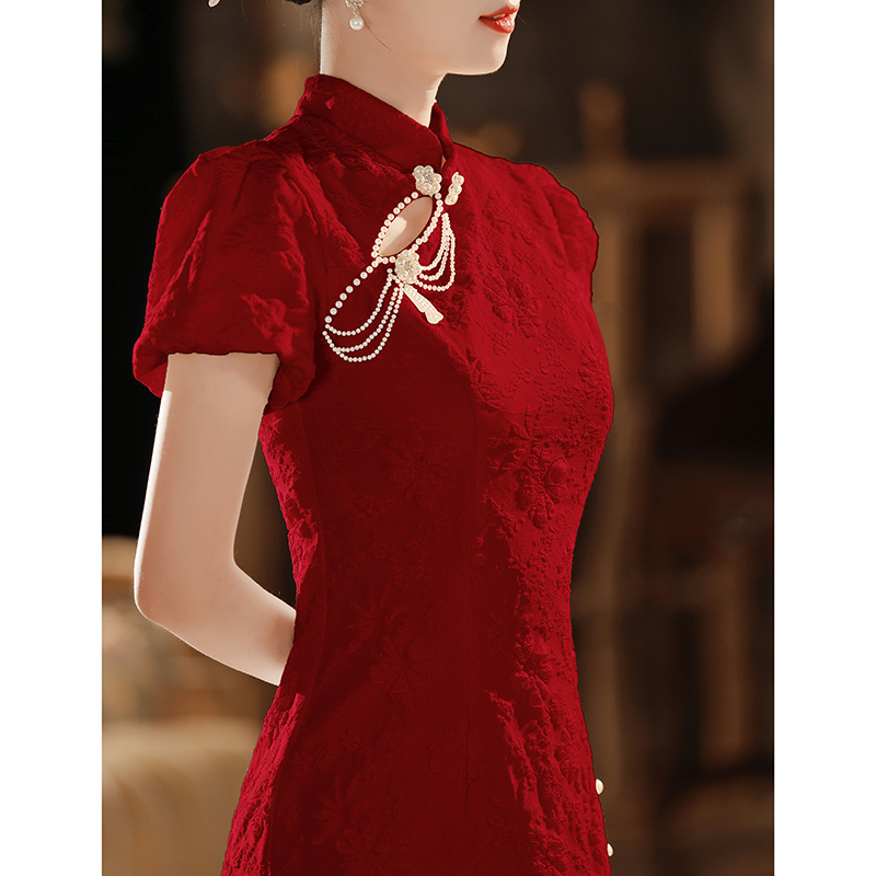 速发旗袍敬酒服新娘酒红色平时可穿订婚连衣裙中式年轻款优雅冬季