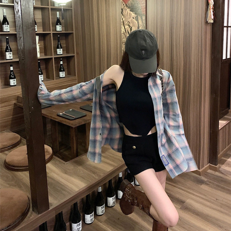 小众设计感蝴蝶结系带学院风渐变格子衬衫时尚百搭中长款外套潮