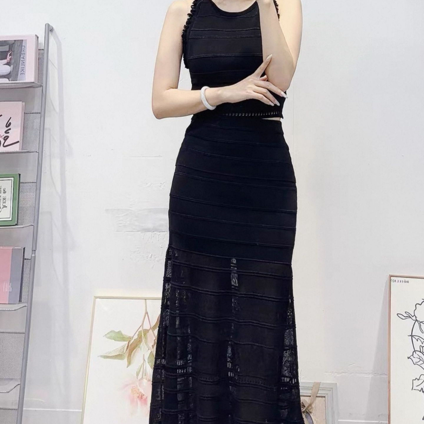 S家2025早秋新款时尚优雅套装镂空无袖背心女针织衫+修身半身