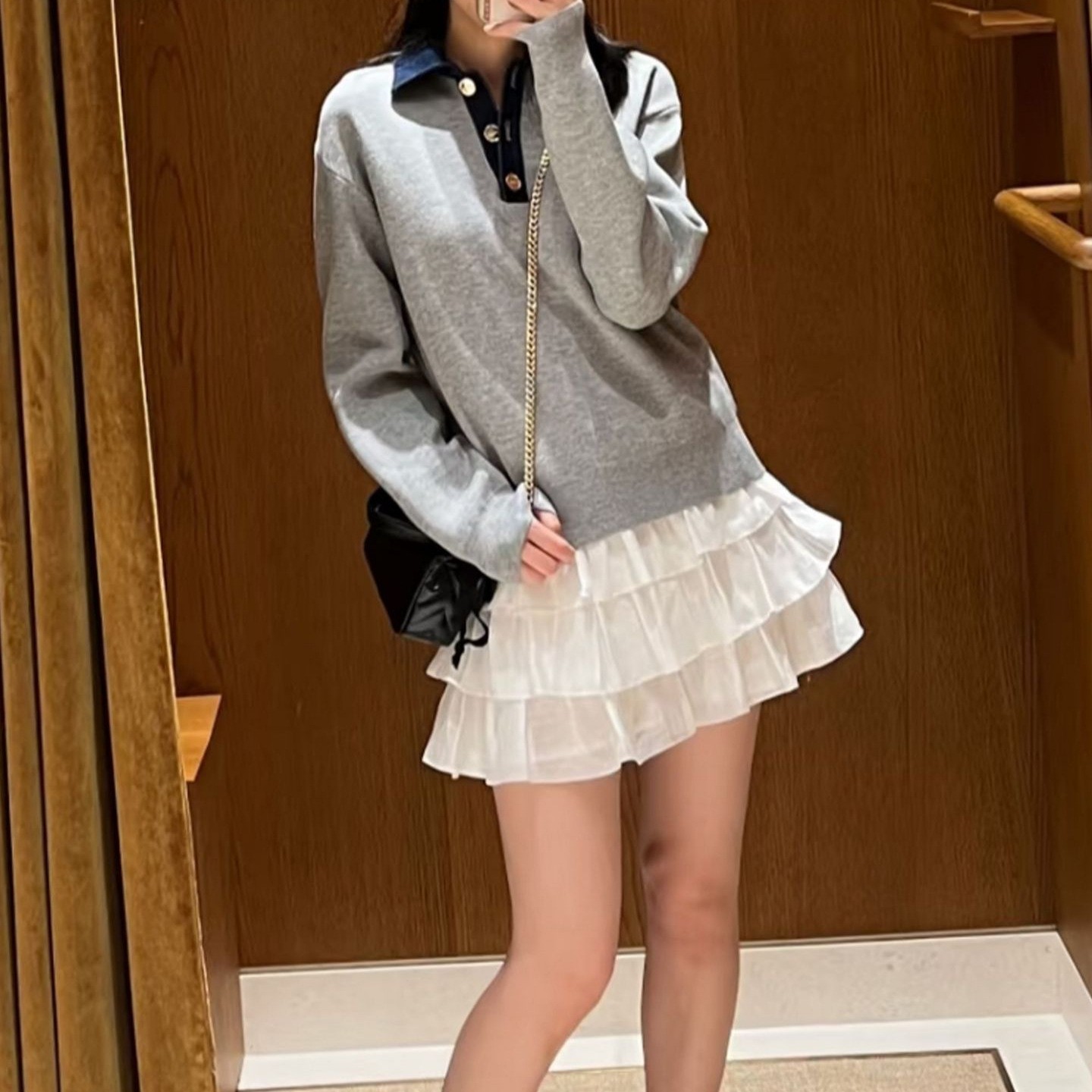S家休闲慵懒女装2025秋季新款休闲百搭牛仔POLO领套头针织衫上衣