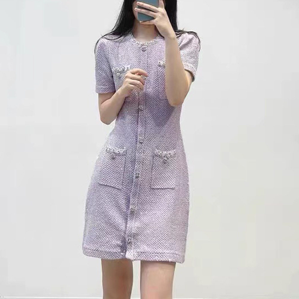 2023早秋新款女装法式小香风重工钉珠亮片针织短袖包臀连衣裙