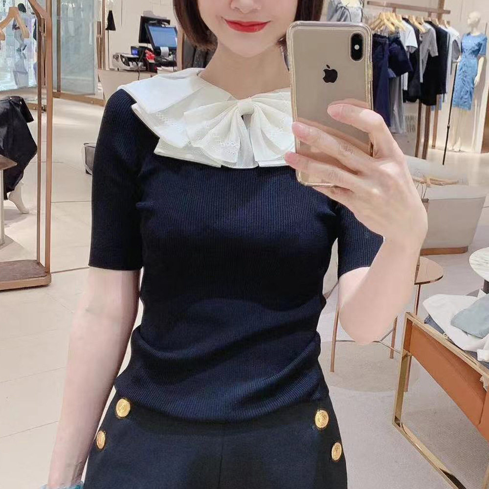 Z家 2024夏季新款甜美系列花边娃娃领蝴蝶结短袖针织衫上衣薄款