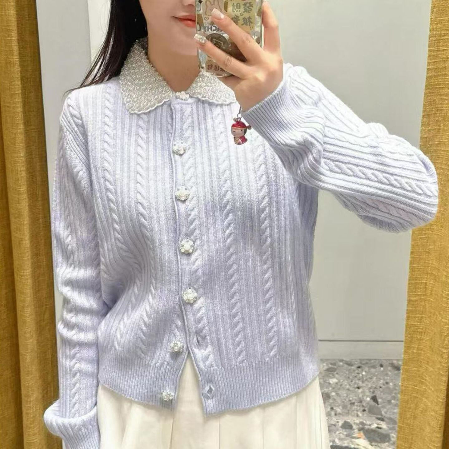 M家 2025早春新款女装蓝色长袖绞花时尚设计感珍珠领针织上衣