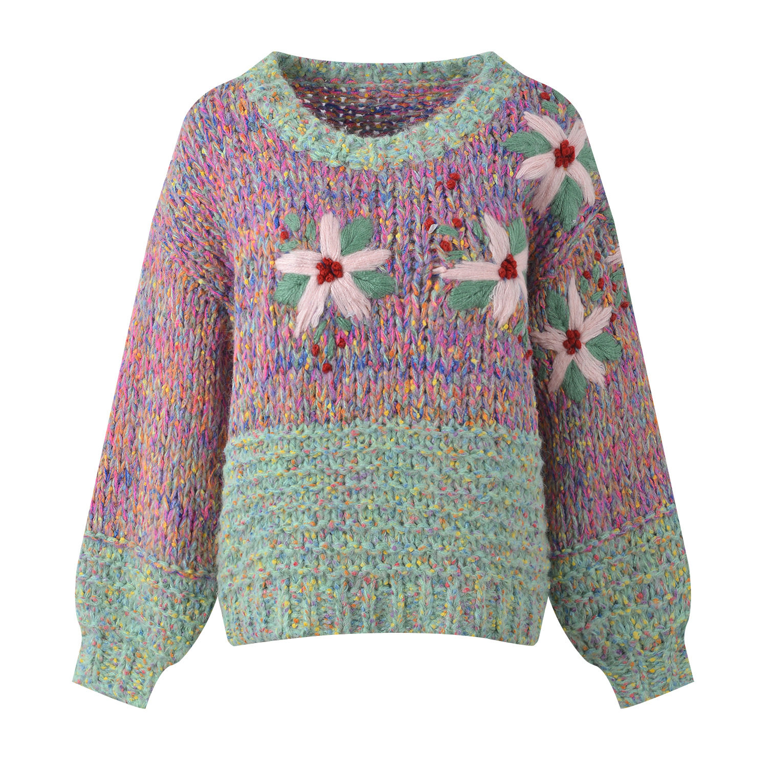 手工绣花棒针粗线宽松慵懒风加厚毛衣2024秋冬撞色套头针织衫上衣