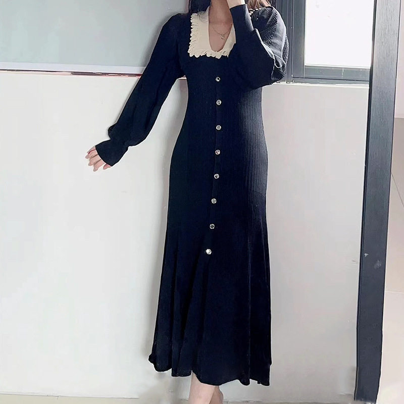 S家~2024春夏经典款女装泡泡袖花边领小香风修身百搭针织连衣裙