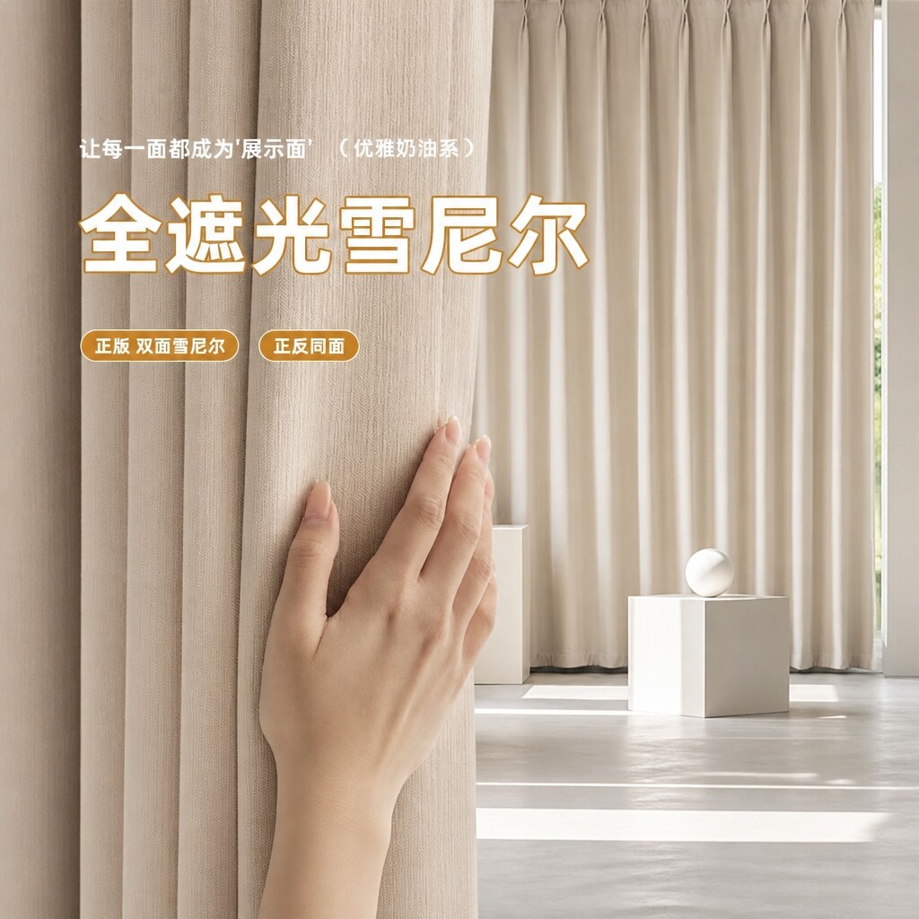 遮阳窗帘2026新款双面雪尼尔防晒隔音窗帘卧室全遮光奶油风客厅帘
