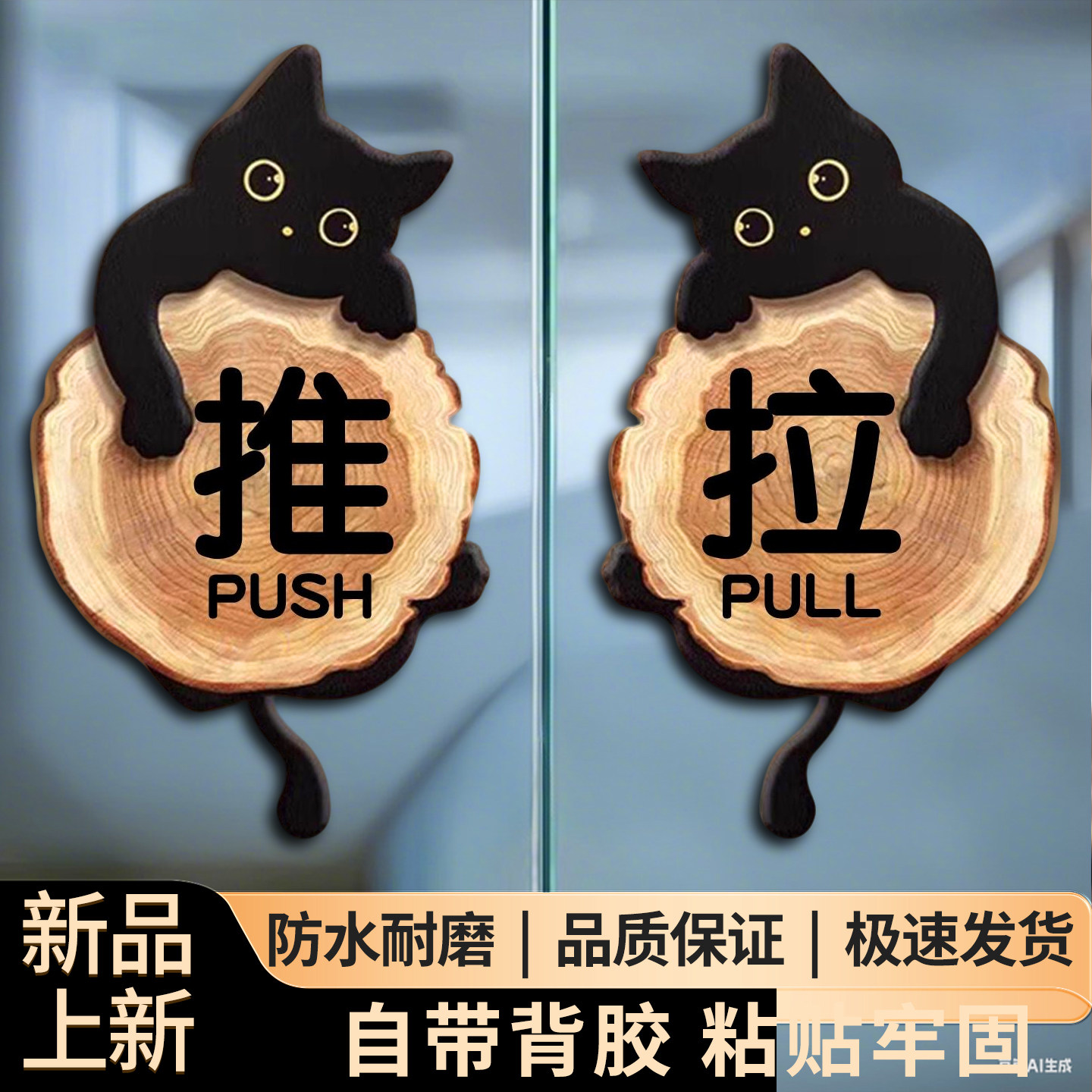 玻璃门推拉门贴防撞贴纸创意中古风龙猫拉字高档推拉门提示牌门贴门上