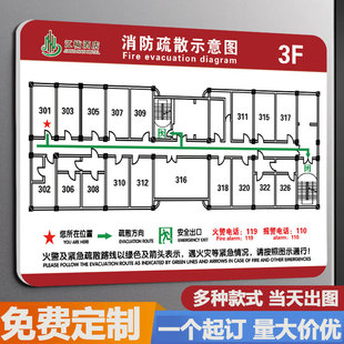 消防疏散示意图设计安全疏散指示图应急逃生平面图亚克力消防安全通道指示牌逃生路线图定制宾馆酒店标志牌贴