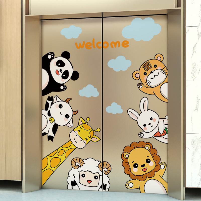 卡通动物电梯门贴纸自粘中国风墙纸自粘卧室门上墙面装饰墙壁贴画图片