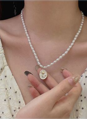 速发迪8复古港风气质珍珠项炼郁金香花朵吊坠颈炼仙范儿女锁骨链H