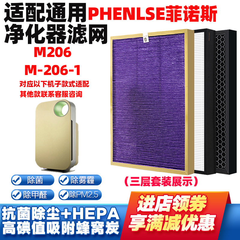 适配PHENLSE菲诺斯空气净化器滤网M-206/SX-510/500滤芯除醛霾粉