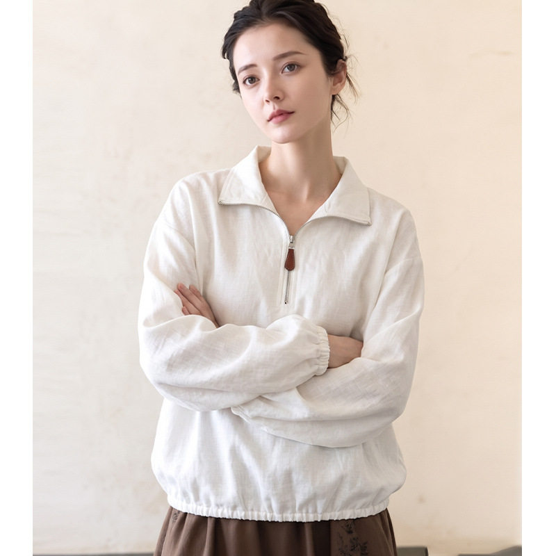 maSande2026早秋文艺纯白棉麻半拉链翻领上衣女宽松束摆长袖慵懒