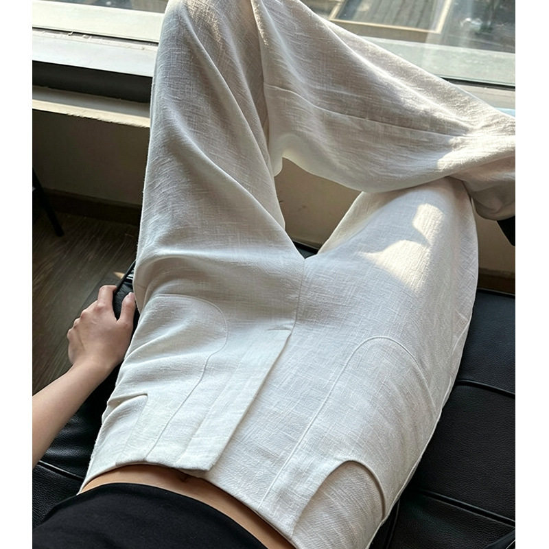 maSande老钱风苎麻混彷白色直筒裤休闲裤女2026秋季新款高腰显瘦