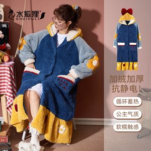 法兰绒睡袍女秋冬款2023新款加绒加厚睡衣可爱长袖大码家居服套装