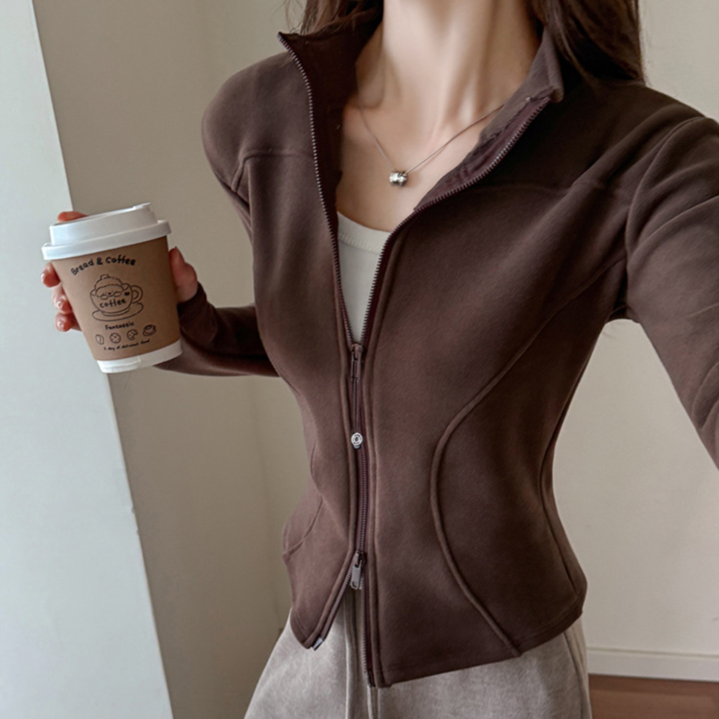 秋冬款磨毛加厚半高领显瘦开衫女外套运动休闲德绒纯色高级感上衣