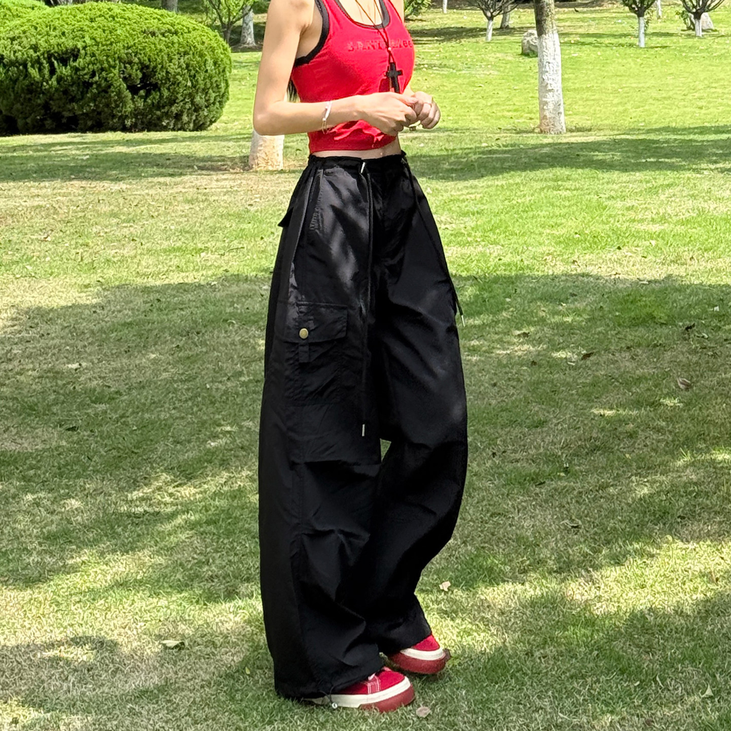 美式明星同款复古速干黑色工装裤女夏锦纶防晒休闲直筒束脚阔腿裤