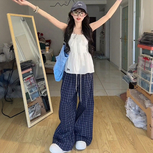 复古拼接蓝色格子裤子女夏2026新款高腰抽绳宽松显瘦撞色腰阔腿裤