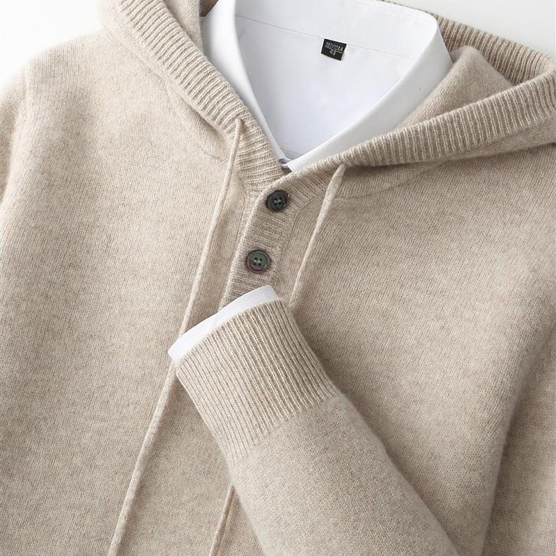 库静2025秋季男士休闲连帽针织衫100纯羊毛秋冬加厚羊绒打底带帽