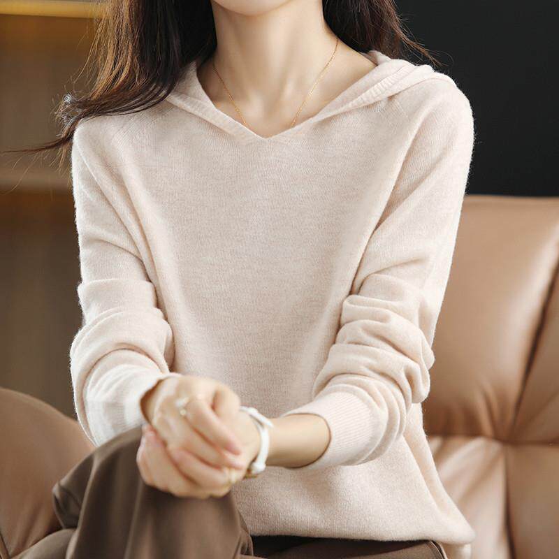 2023新款连帽100纯羊毛衫女V领带帽毛衣宽松卫衣羊绒针织打底帽衫