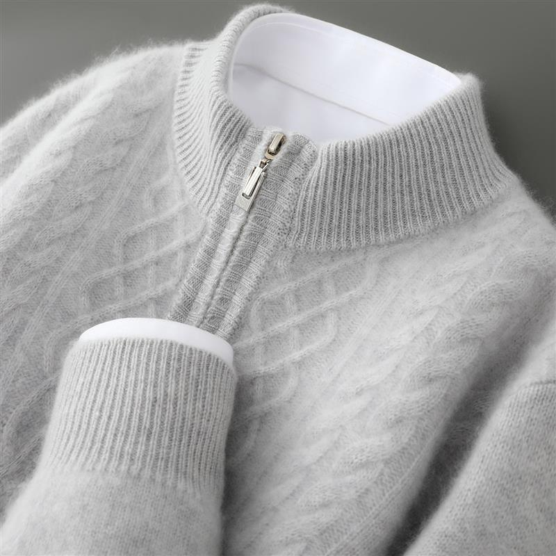 库静秋冬山羊绒衫男半高领加厚宽松拉链套头毛衣100纯羊毛针织打