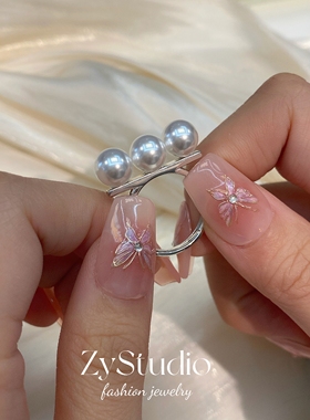 平衡木戒指小众设计女刘亦菲同款s925银法式玫瑰的故事珍珠戒指