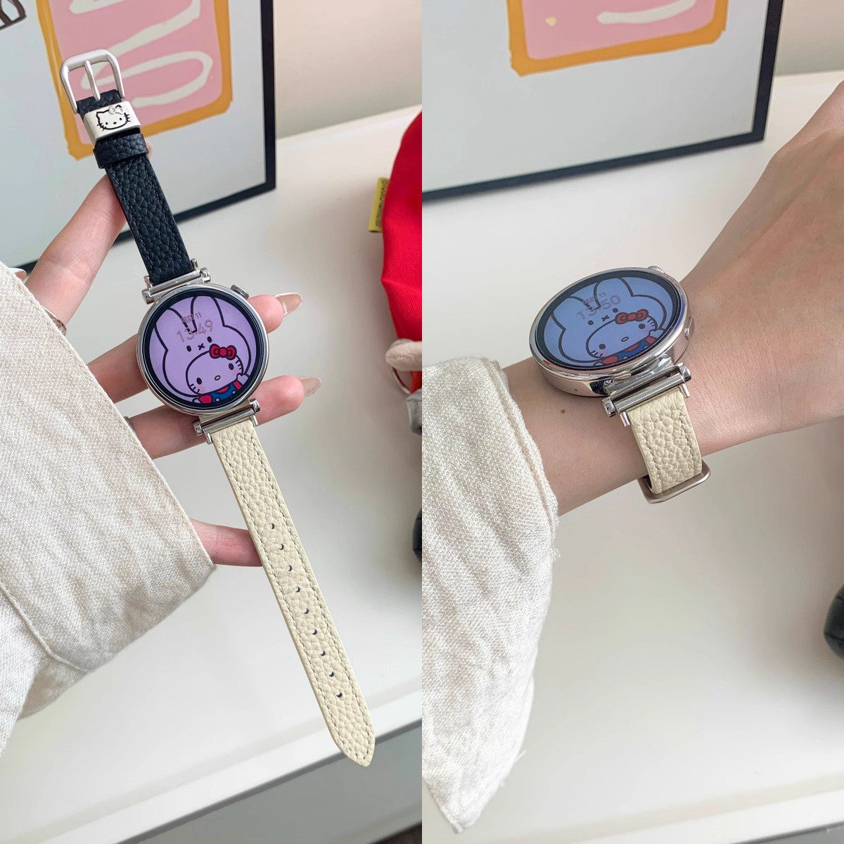 适用佳明Forerunner 245/158/165可爱KT猫拼色265s/255s/Venu3s女款真皮小香风VENU2plus/18mm荔枝纹皮质表带,智能设备,智能手表手环表带/腕带,淘宝优惠券,粉丝福利购,淘宝优惠卷