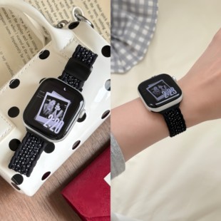 适用applewatchS11花边黑色波点编织磁吸表带iwatchs10/s9/s8/s7小香风男女华强北ultra透气编织尼龙弹力腕带