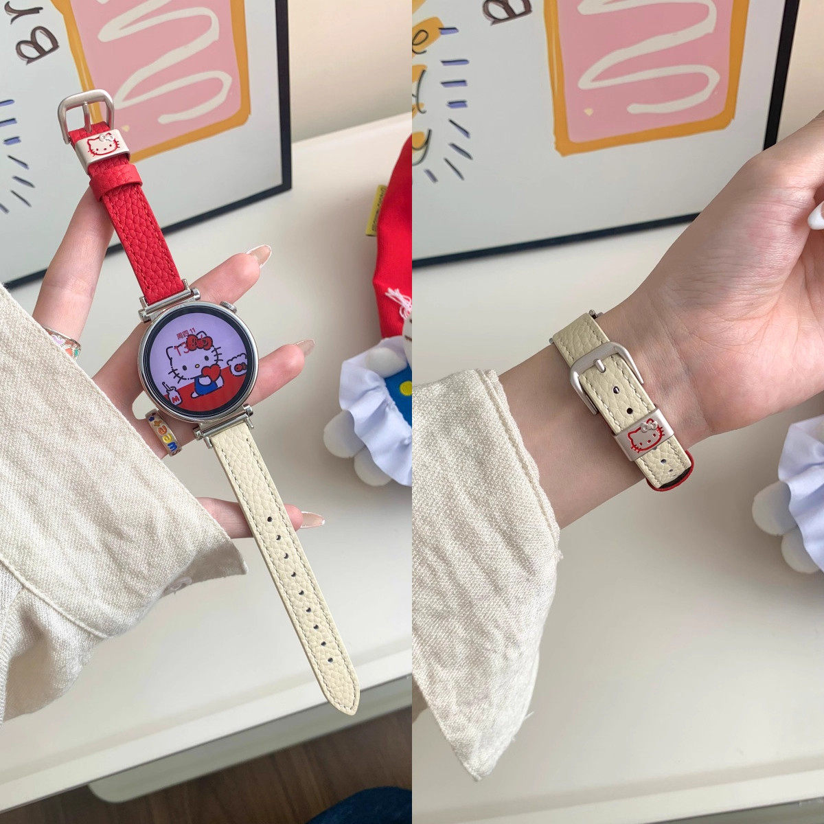 适用三星galaxywatch7/6/5可爱KT猫拼色s6Classic小香风女款真皮gear S4/S3/S2新款watch3/4/5荔枝纹皮质腕带,智能设备,智能手表手环表带/腕带,淘宝优惠券,粉丝福利购,淘宝优惠卷