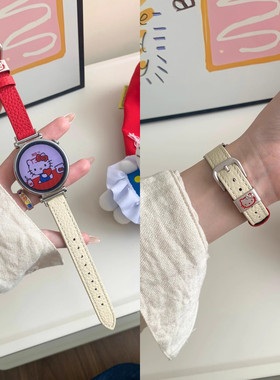适用三星galaxywatch7/6/5可爱KT猫拼色s6Classic小香风女款真皮gear S4/S3/S2新款watch3/4/5荔枝纹皮质腕带