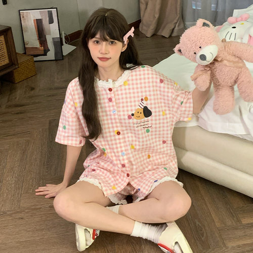 法国gentle motto夏季新款仿棉睡衣女蕾丝圆领短袖可爱少女家居服
