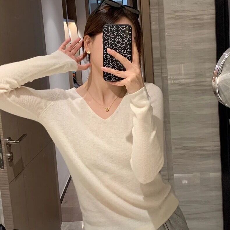 日系cherrykoko软糯百搭微透圆领羊毛针织衫女24春秋宽松毛衣v领