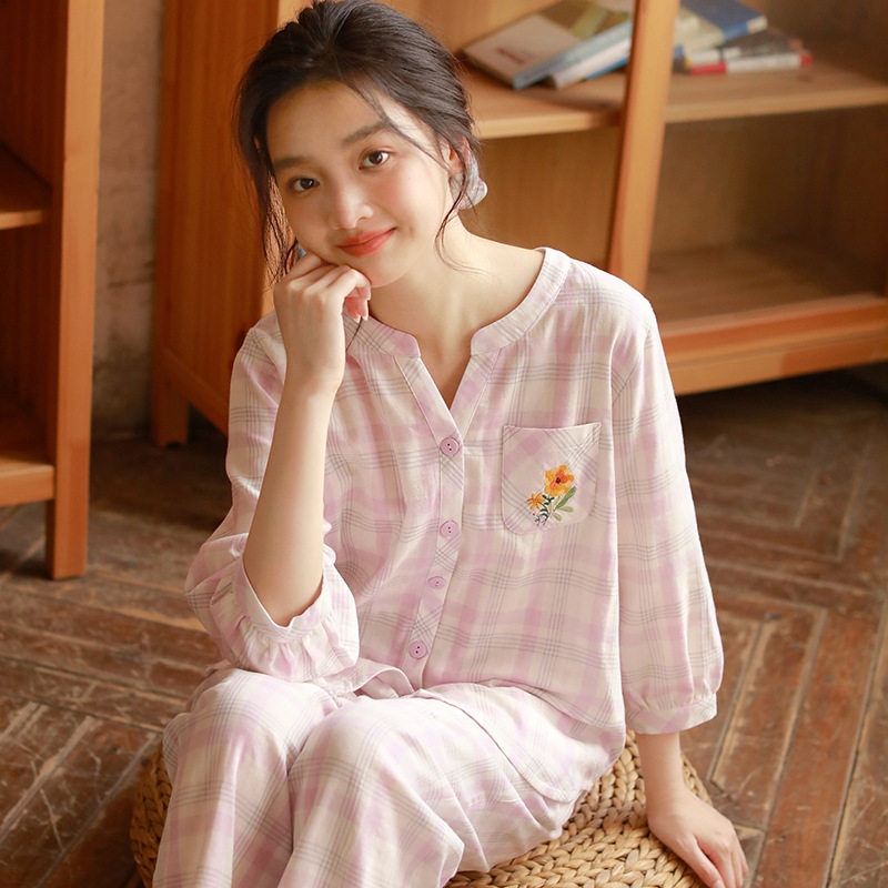 法国gentle motto春季女士v领棉纱七分袖长裤简约休闲家居服套装