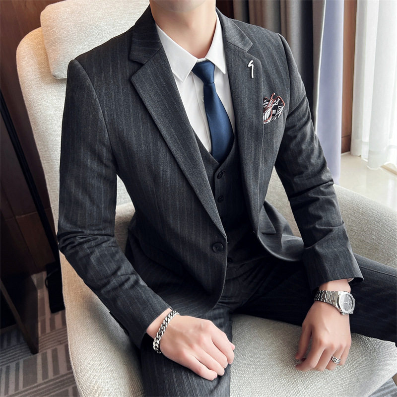 法国cherrykoko蓝色条纹西服套装男士三件套修身婚礼伴郎服商务
