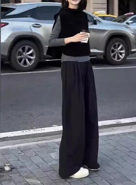 英国gentle motto秋季新款慵懒风黑色无袖马甲高腰休闲长裤女