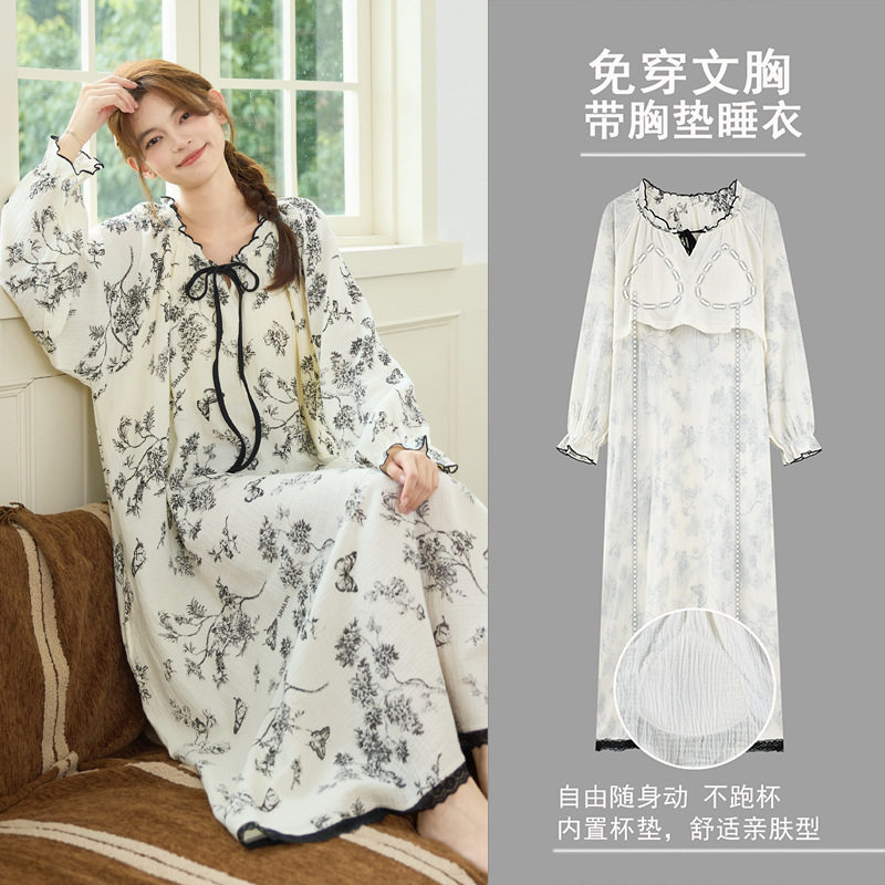 法国Gentle Motto云朵棉系带睡袍女秋季甜美长袖睡裙和服长款带