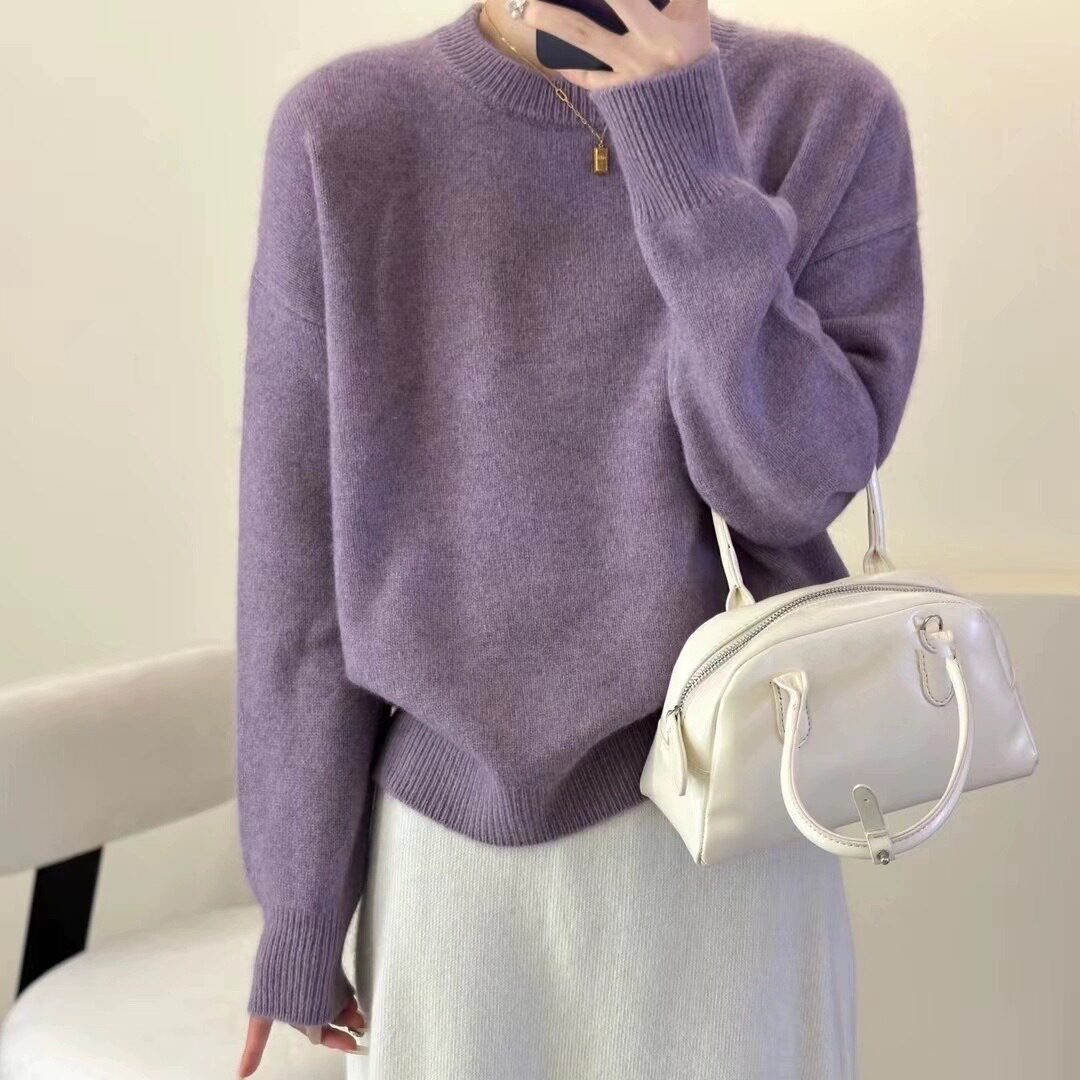 日系cherrykoko秋冬加厚宽松羊绒衫女圆领上衣短款落肩羊毛针织衫