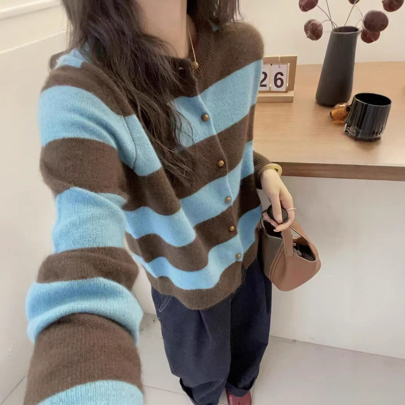 日系CherryKoko宽松时尚撞色条纹100羊毛开衫女秋冬圆领毛衣外套