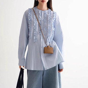 英国george melis气质荷叶边蓝色衬衫女初春法式宽松木耳边衬衣