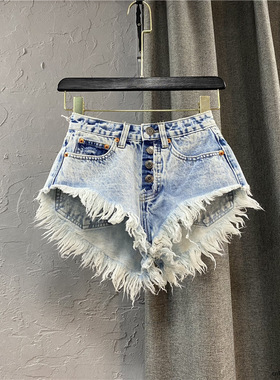 High waisted breasted fringed ruffled shorts高腰流苏毛边短裤