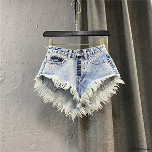 High waisted breasted fringed ruffled shorts高腰流苏毛边短裤