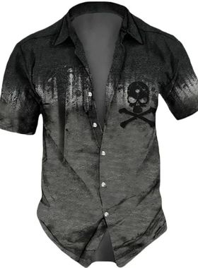Men's collar retro printed shirt男士翻领复古骷髅印花短袖衬衫