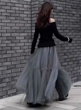 Solid color multi-layer mesh skirt女士纯色多层网纱百褶半身裙