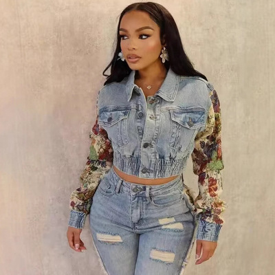 翻领印花拼接修身上衣牛仔夹克