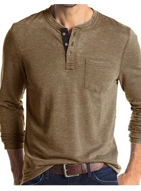 Men's Henry collar base shirt欧美男装长袖亨利领圆领t恤打底衫