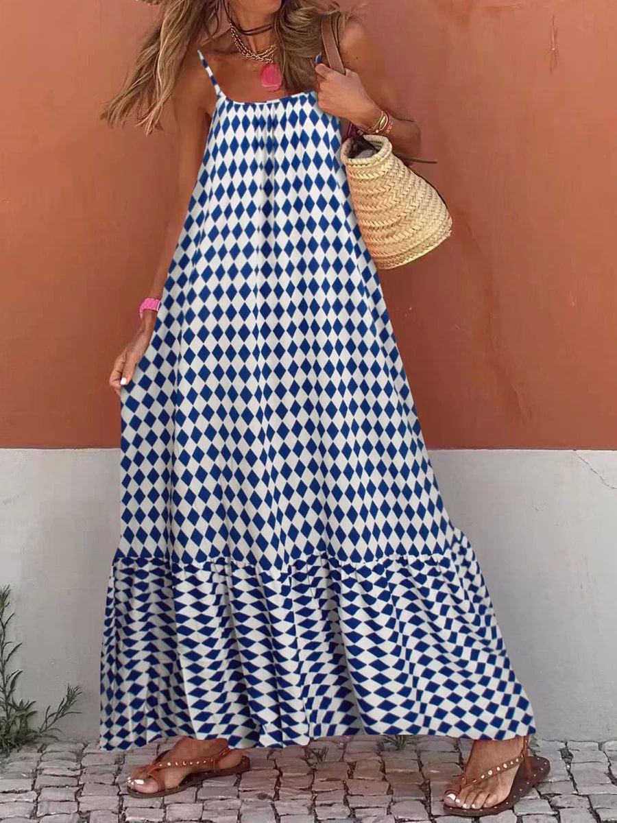 Printed Loose Strap Long Dress女士波西米亚印花宽松吊带连衣裙