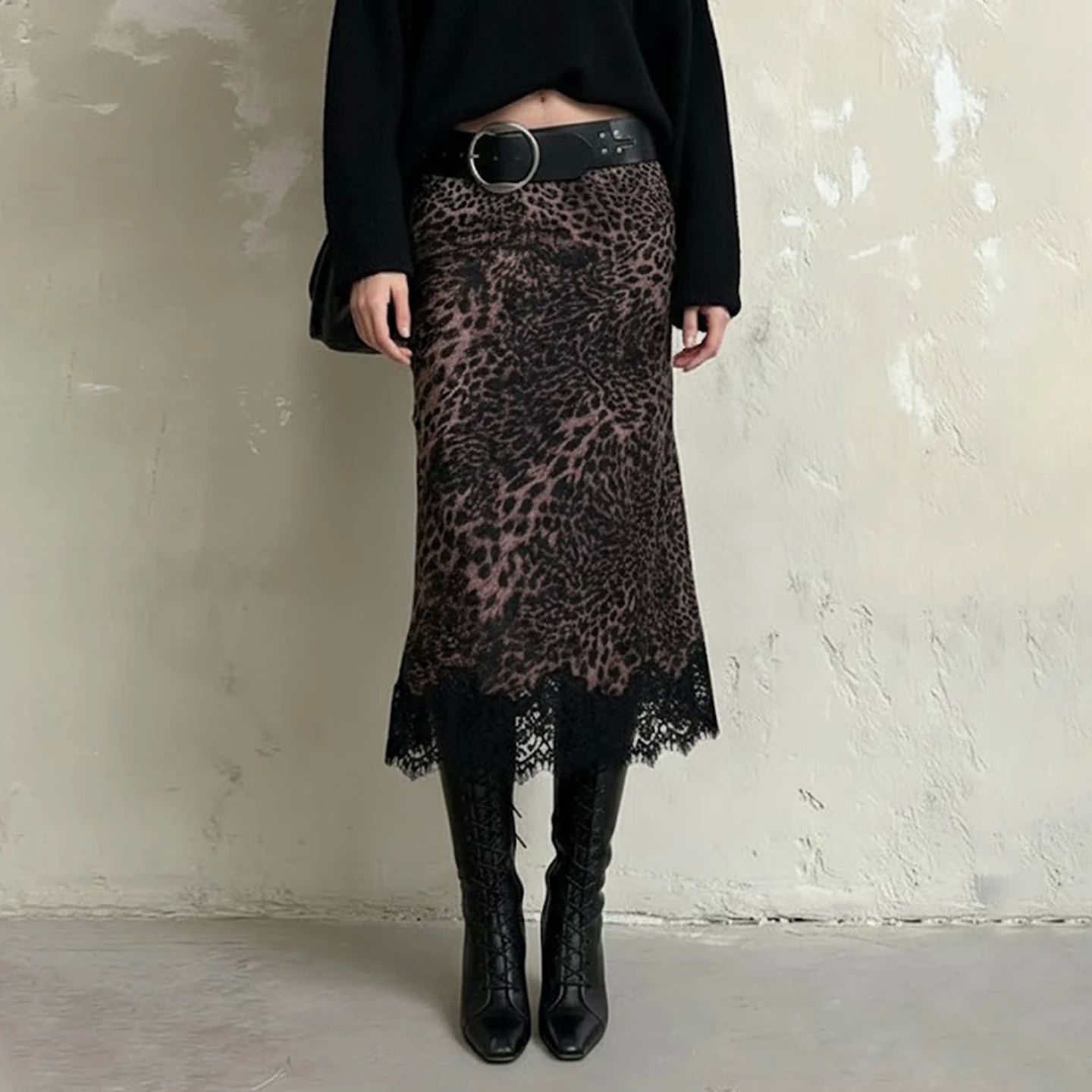 女士复古包臀中长款豹纹蕾丝拼接半身裙 Leopard lace midi skirt