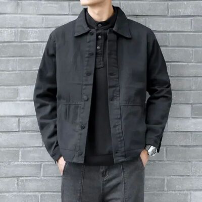男士黑色修身翻领牛仔外套秋