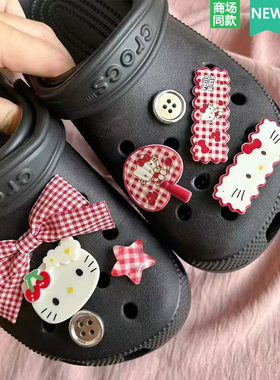 适配Crocs/Cross配件洞洞鞋配饰鞋花鞋扣装饰扣 红色格纹KT猫套装
