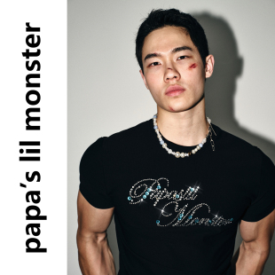PAPASLILMONSTER 【原创】美式氛围感花体烫钻英文个性短袖T恤男