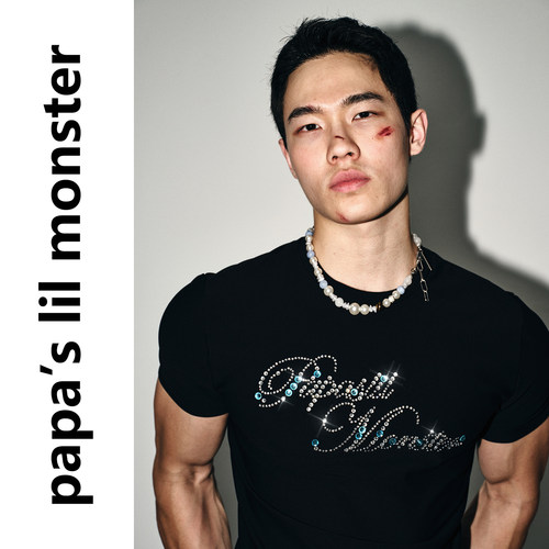 PAPASLILMONSTER 【原创】美式氛围感花体烫钻英文个性短袖T恤男